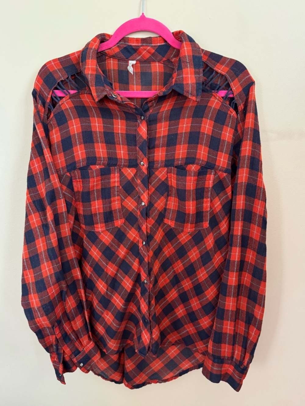 Free People Red Navy Plaid Button Down Shirt Boho Grunge Flannel Size Medium - Picture 5 of 11